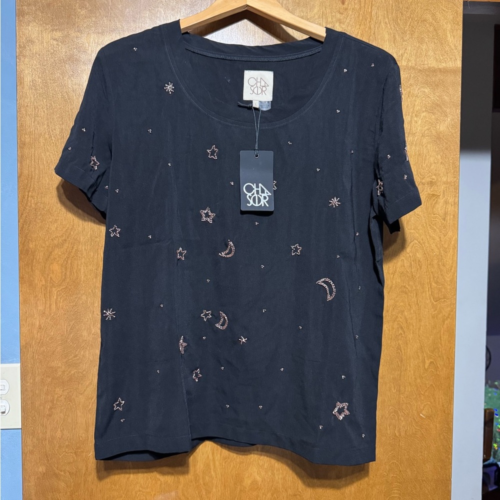 Black stars and moon sequin blouse